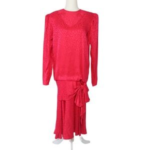 Vintage 80s Argenti hot pink silk printed drop waist midi party dress 4